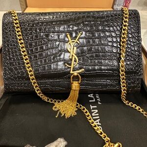 Saint Laurent Black Croc-Embossed Clutch with Gold Tassel Chain